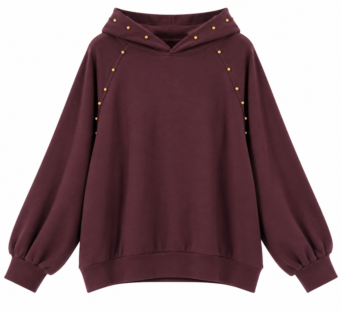 Sudadera de mujer color borgoña con capucha y tachuelas doradas