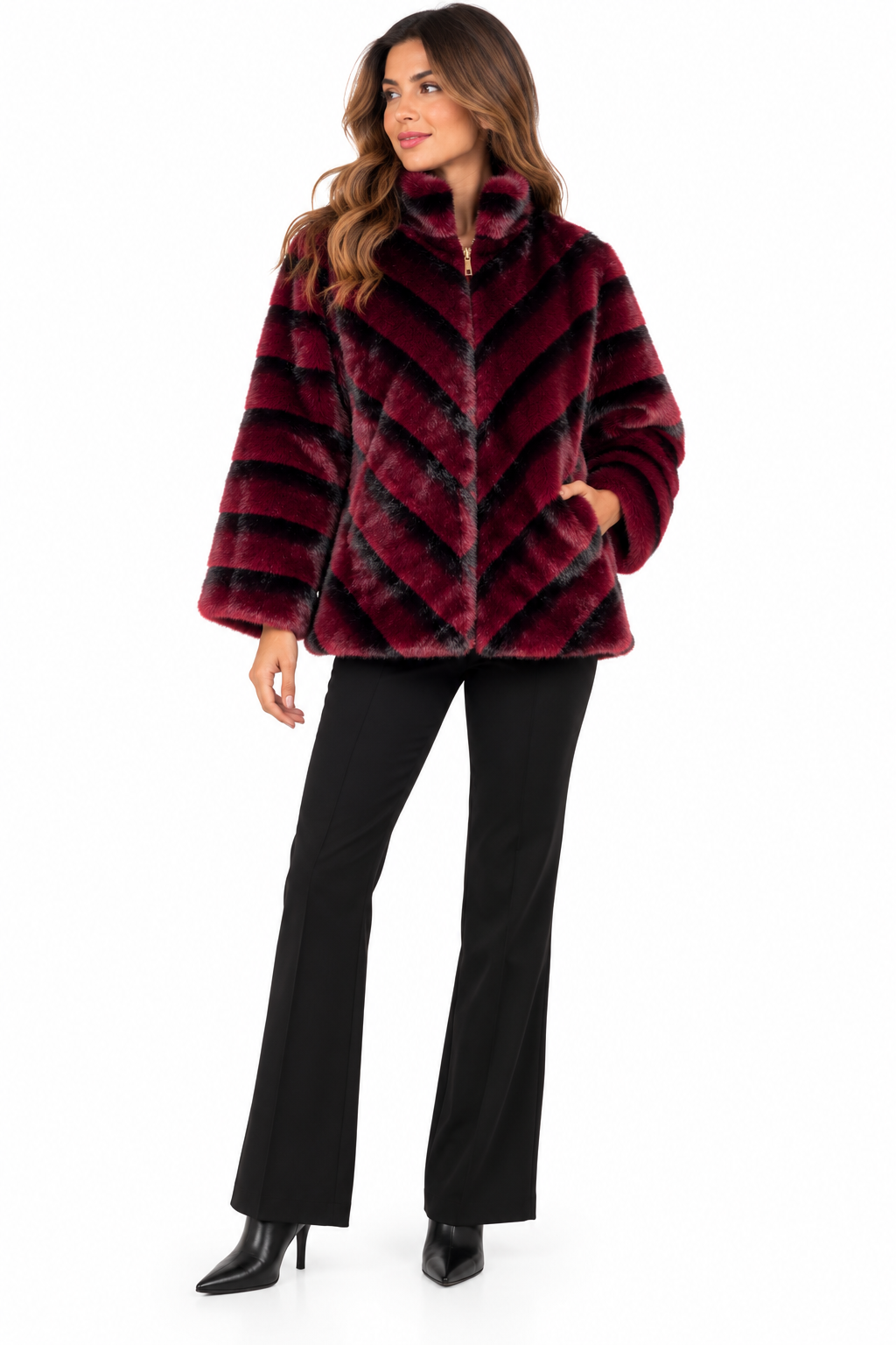 Chaqueta de pelo sintético burdeos y negro para mujer con cremallera