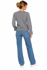 Jersey gris de mujer con volantes y botones de perlas