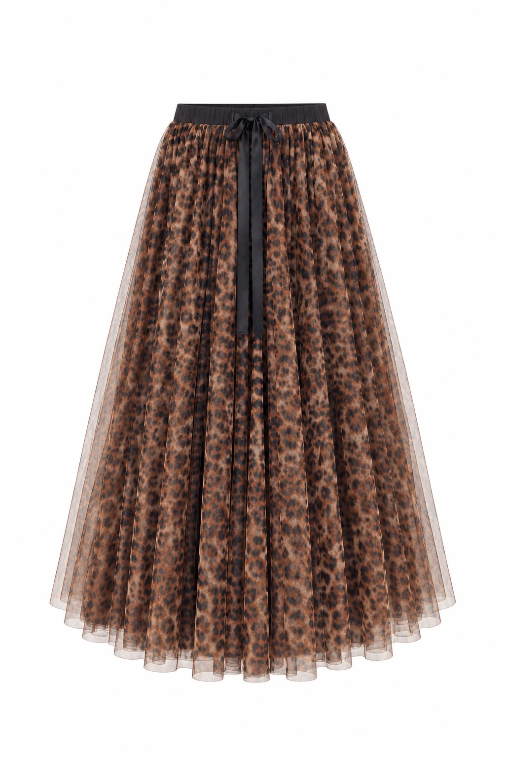 Falda midi de tul estampado animal print con lazo negro