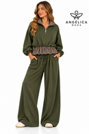 Conjunto de mujer verde militar de algodón con sudadera de cuadros y pantalón ancho