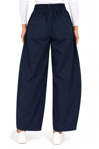 Pantalón balloon azul marino de mujer con cintura elástica y bolsillos