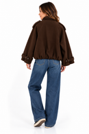 Chaquetón de paño marrón chocolate para mujer, forrado y con botones corto