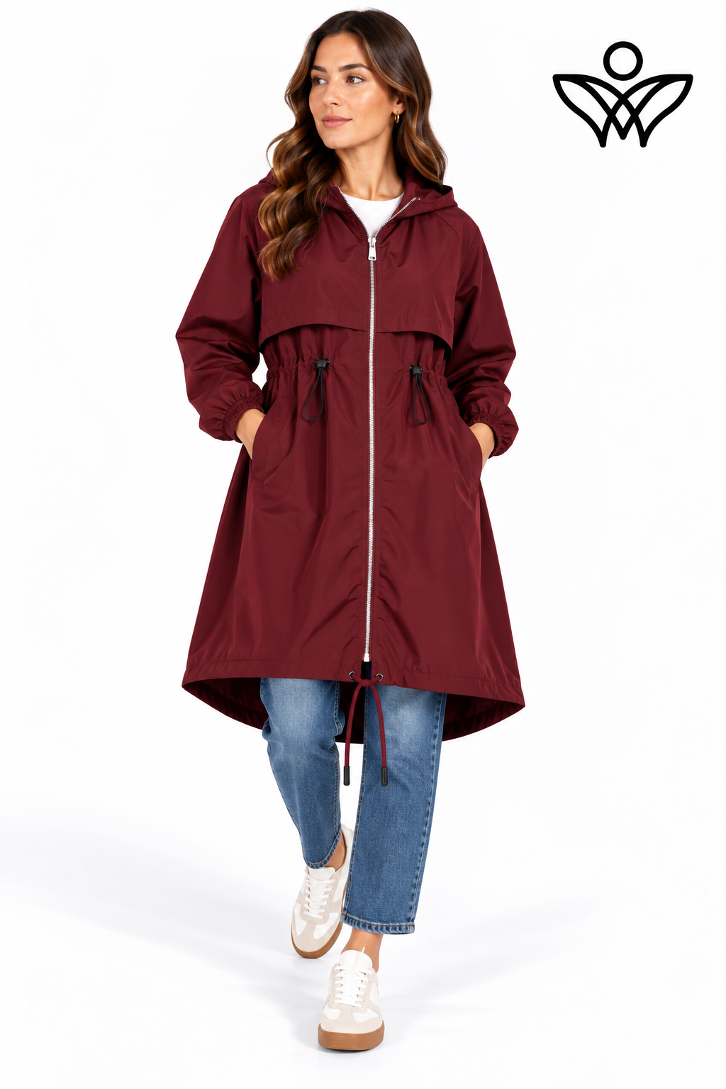 Trench gabardina burdeos con capucha y cintura ajustable