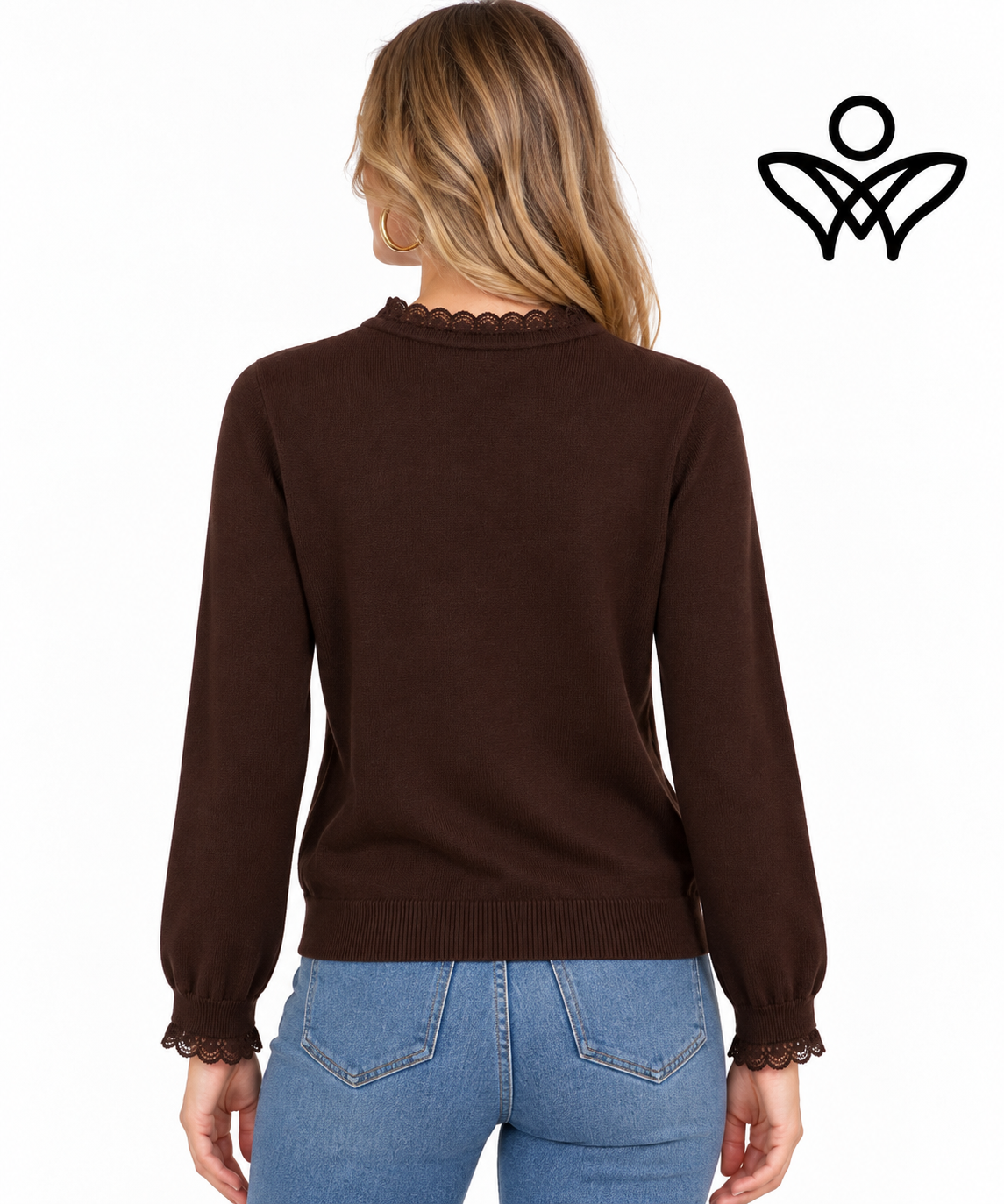 Jersey marrón chocolate de punto suave con puntilla en cuello y puños