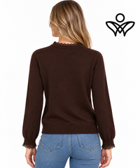 Jersey marrón chocolate de punto suave con puntilla en cuello y puños