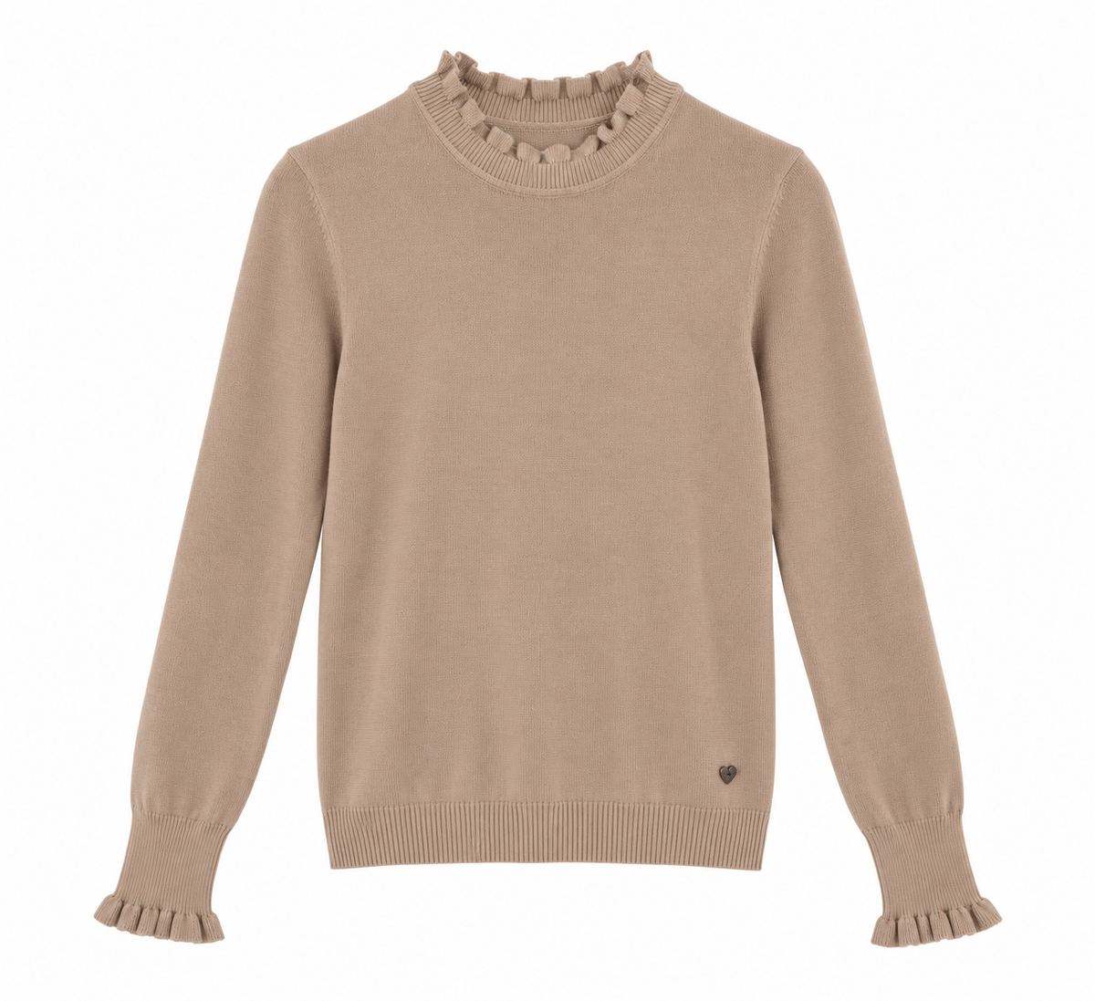 Jersey beige de mujer con volantes en cuello y puños