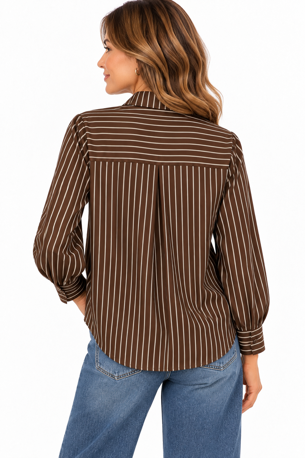 Camisa marrón chocolate y beige de mujer con rayas y botones con detalles