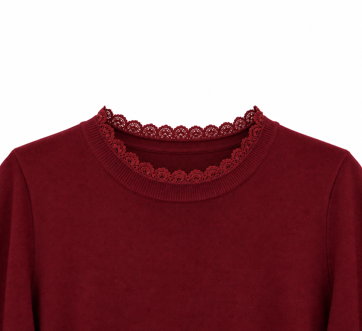 Jersey burdeos de punto suave con detalle de puntilla en cuello y puños