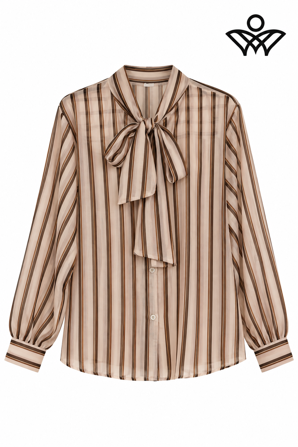 Camisa de gasa marrón y beige de mujer con rayas y lazo