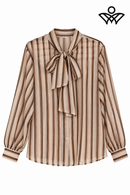 Camisa de gasa marrón y beige de mujer con rayas y lazo