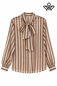 Camisa de gasa marrón y beige de mujer con rayas y lazo