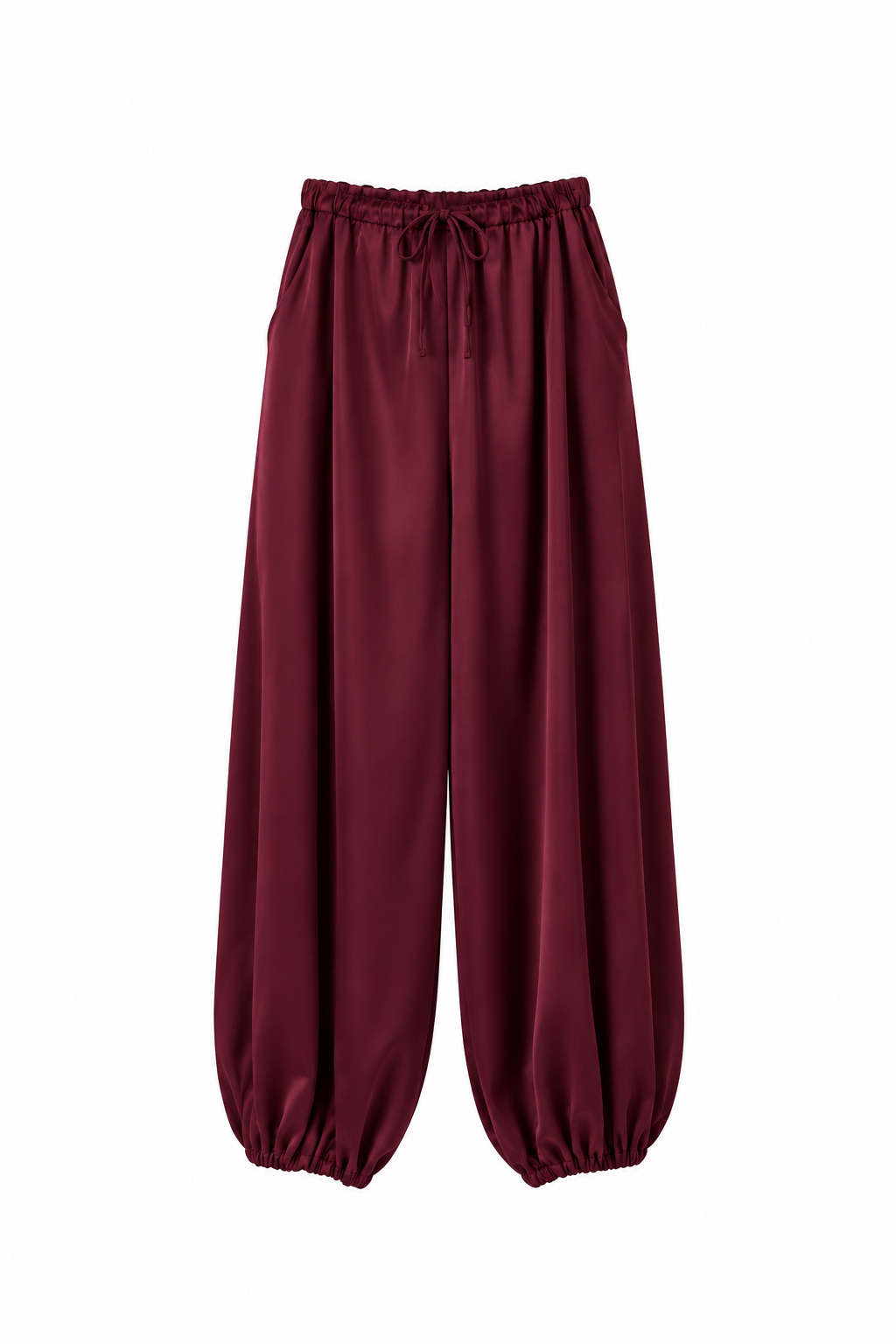 Pantalón burdeos satinado de estilo bombacho con cintura elástica