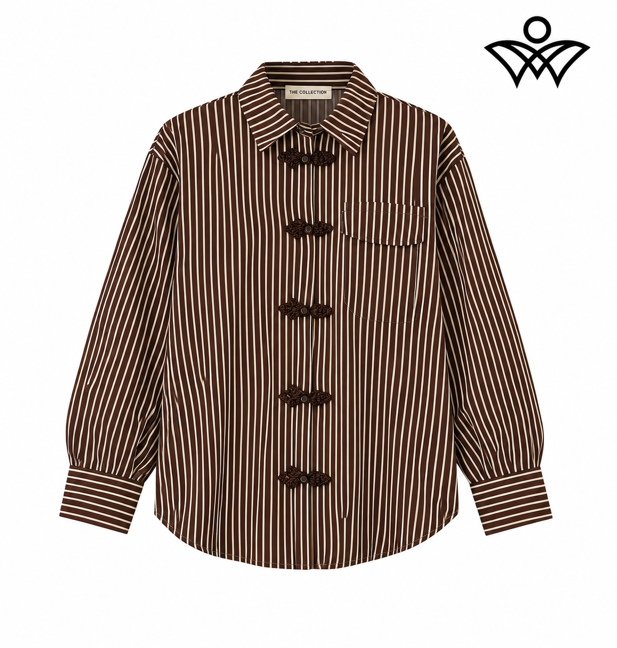 Camisa marrón chocolate y beige de mujer con rayas y botones con detalles