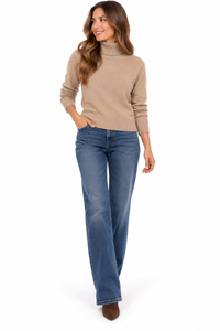 Jersey de punto beige para mujer con cuello alto vuelto