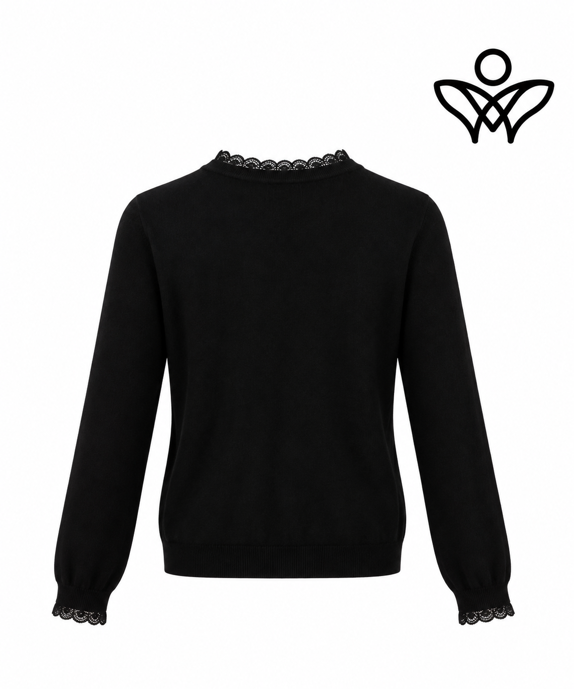 Jersey negro de punto suave con puntilla en cuello y puños