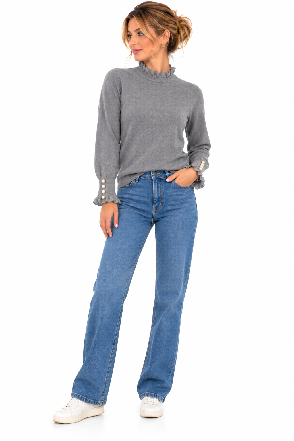 Jersey gris de mujer con volantes y botones de perlas