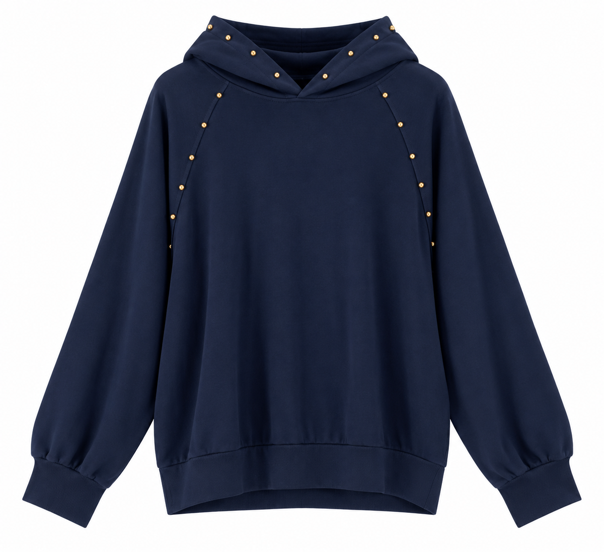 Sudadera de mujer azul marino con capucha y tachuelas doradas