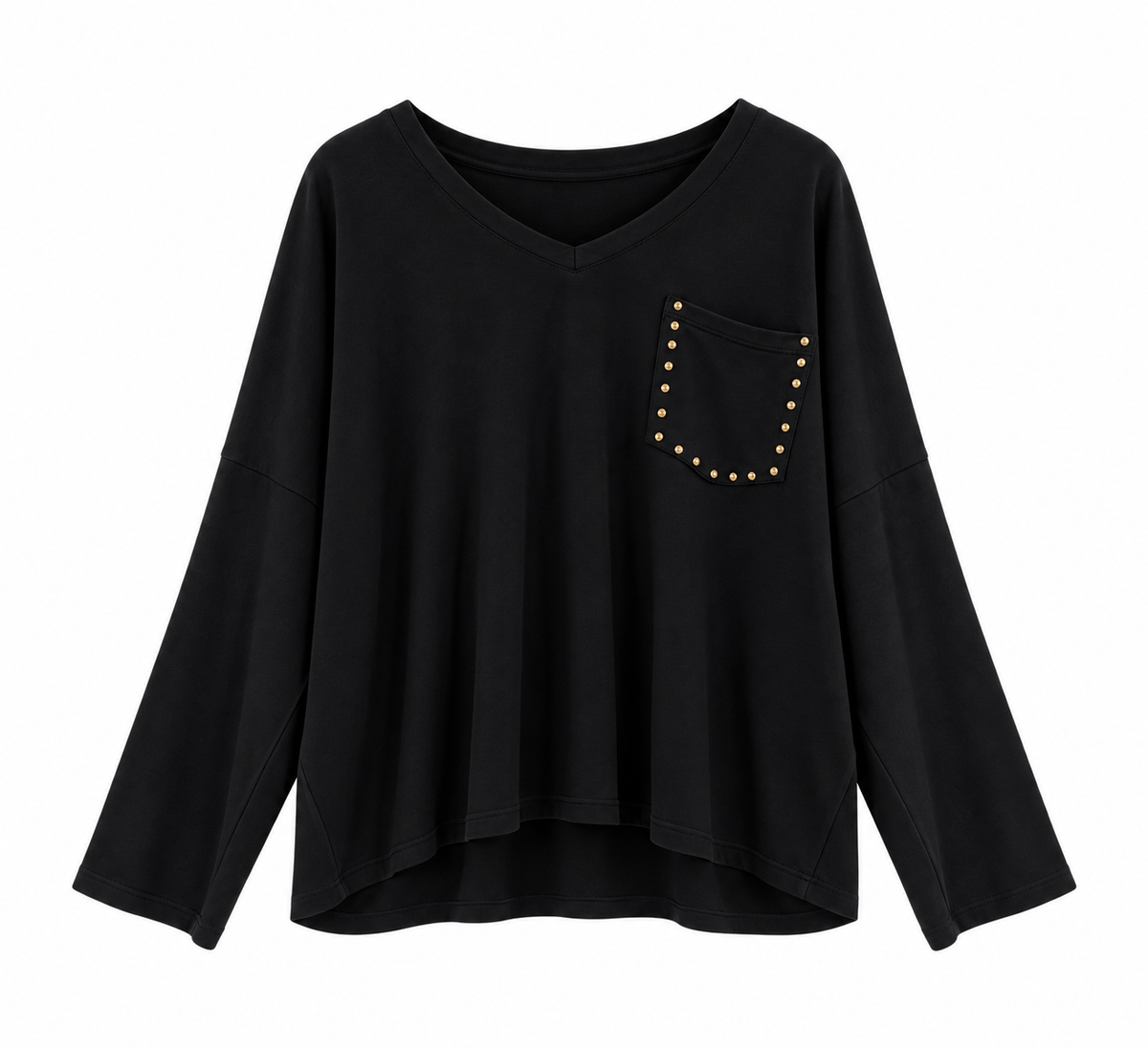 Sudadera de mujer negra de algodón con cuello pico y bolsillo con tachuelas plateadas