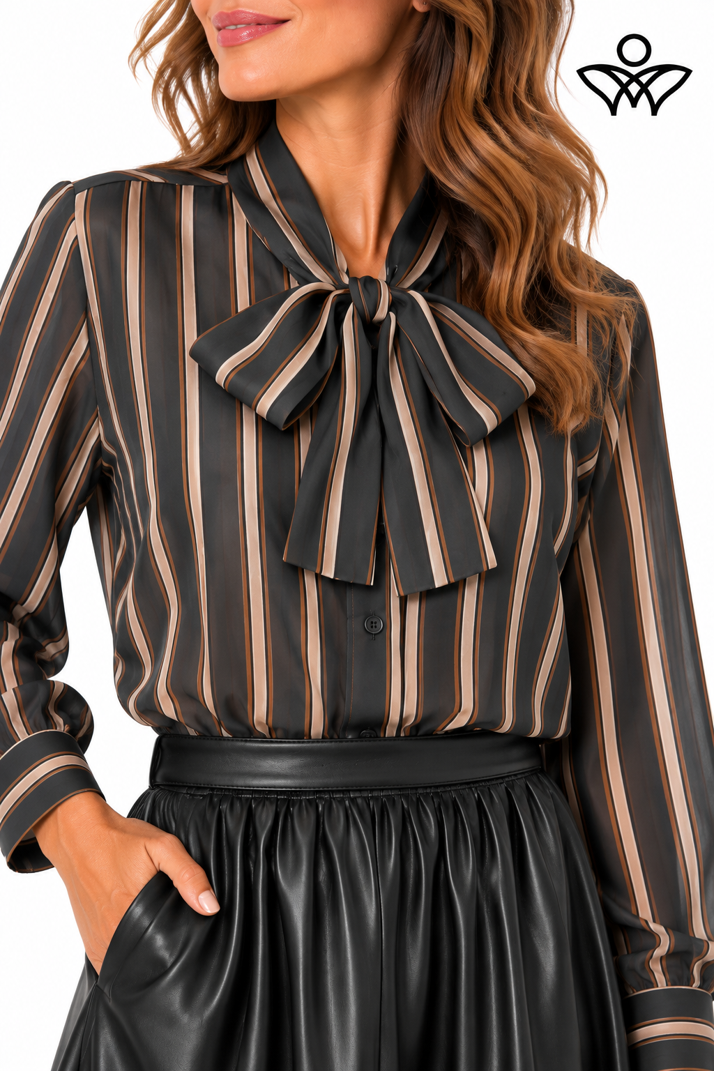 Camisa de gasa negra y beige de mujer con rayas y lazo