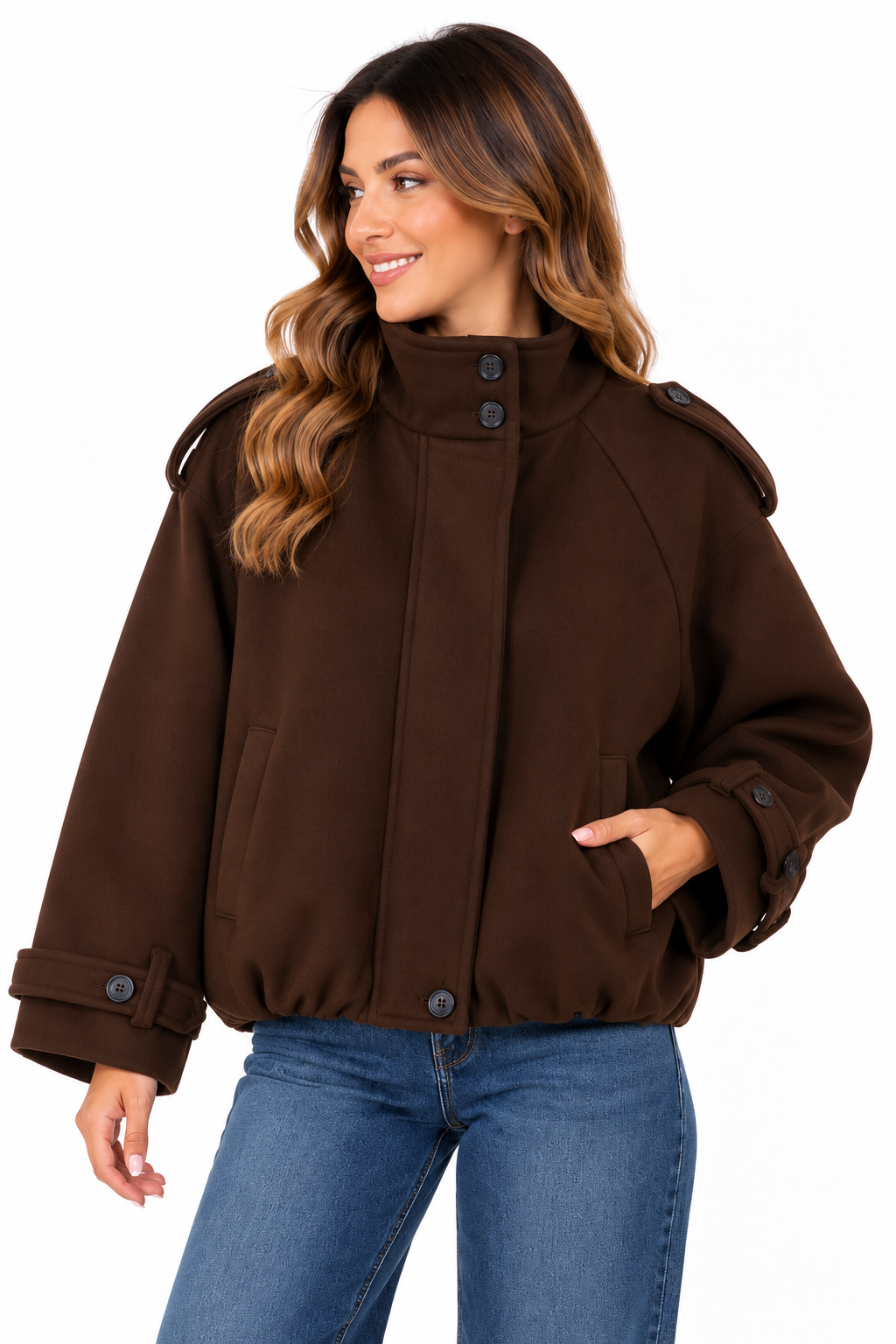 Chaquetón de paño marrón chocolate para mujer, forrado y con botones corto