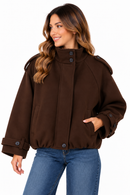 Chaquetón de paño marrón chocolate para mujer, forrado y con botones corto