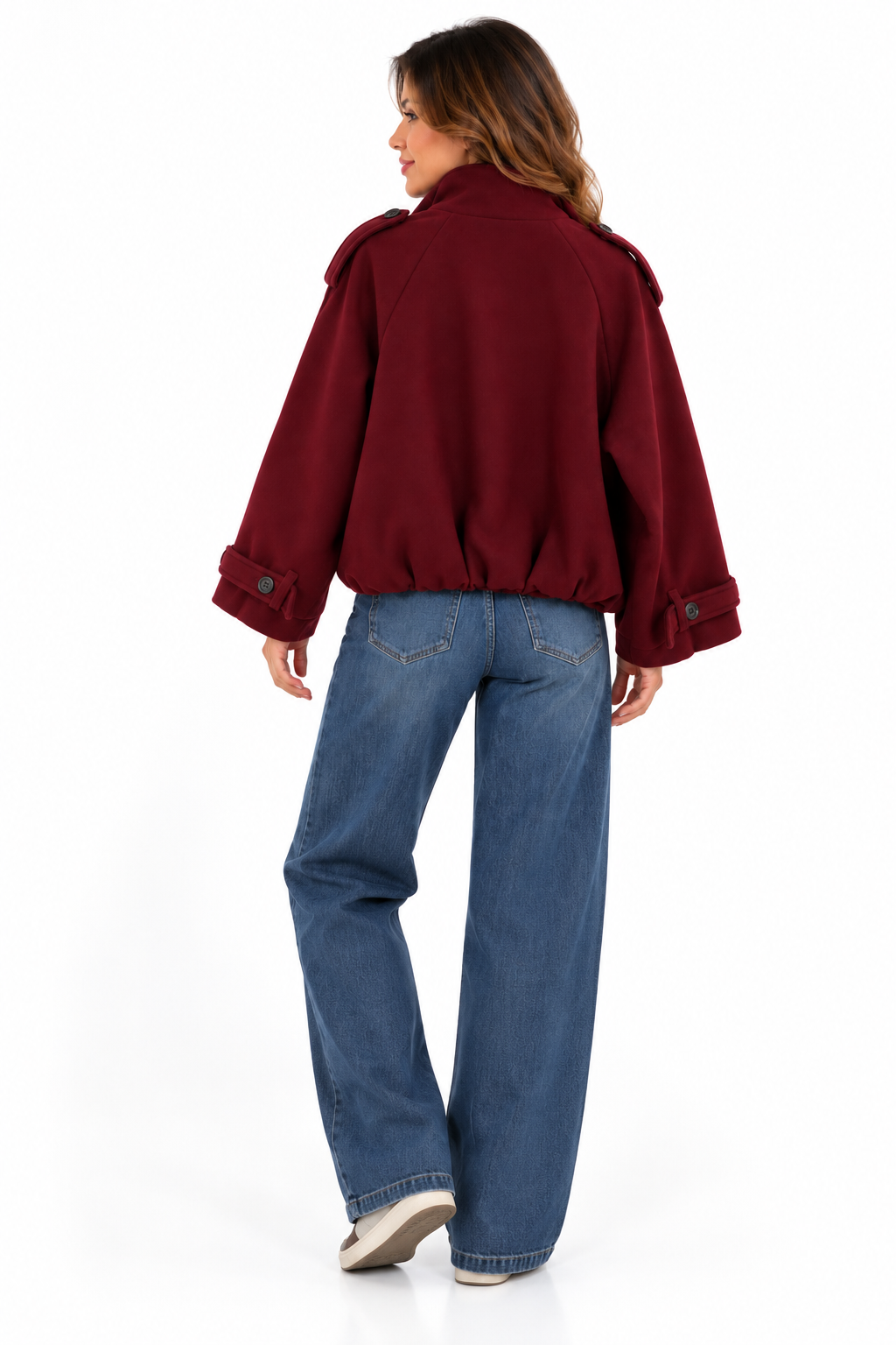 Chaquetón de paño burdeos para mujer, forrado y con botones