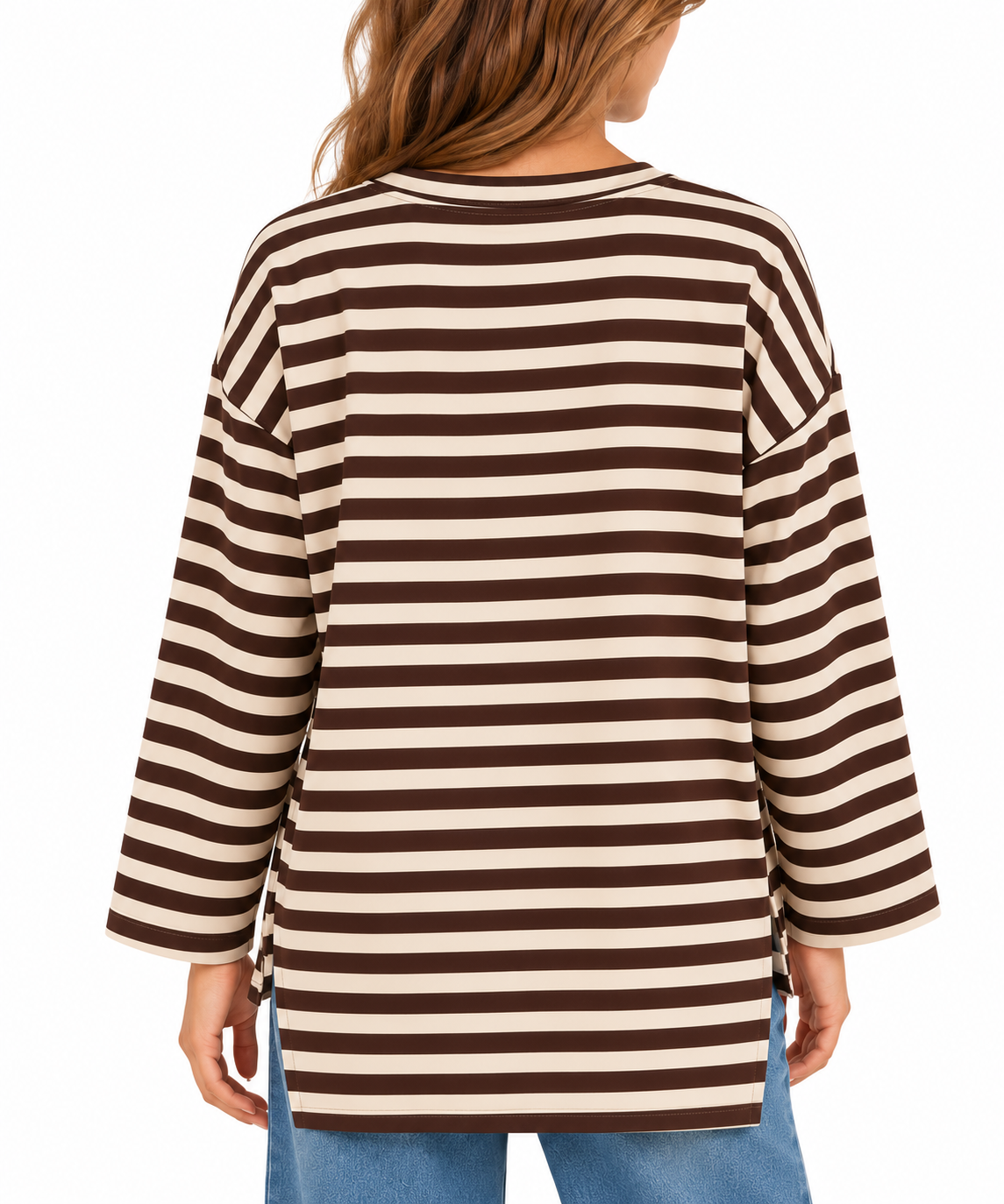 Sudadera de mujer de algodón a rayas beige y marrón chocolate más larga por detrás