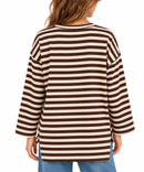 Sudadera de mujer de algodón a rayas beige y marrón chocolate más larga por detrás