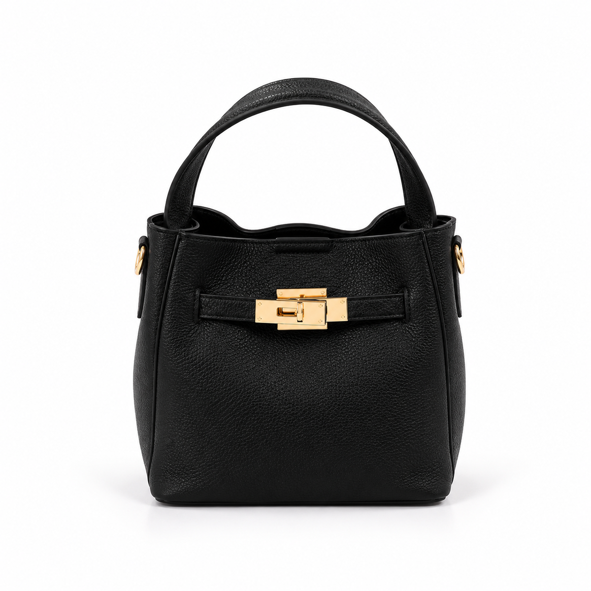Bolso negro de mujer de polipiel con asa corta y hebilla dorada