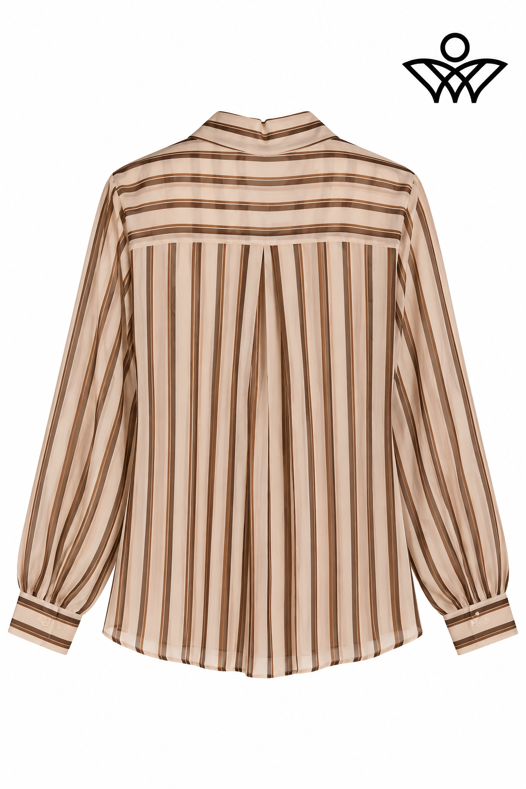 Camisa de gasa marrón y beige de mujer con rayas y lazo