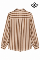 Camisa de gasa marrón y beige de mujer con rayas y lazo