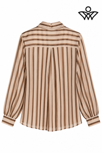 Camisa de gasa marrón y beige de mujer con rayas y lazo