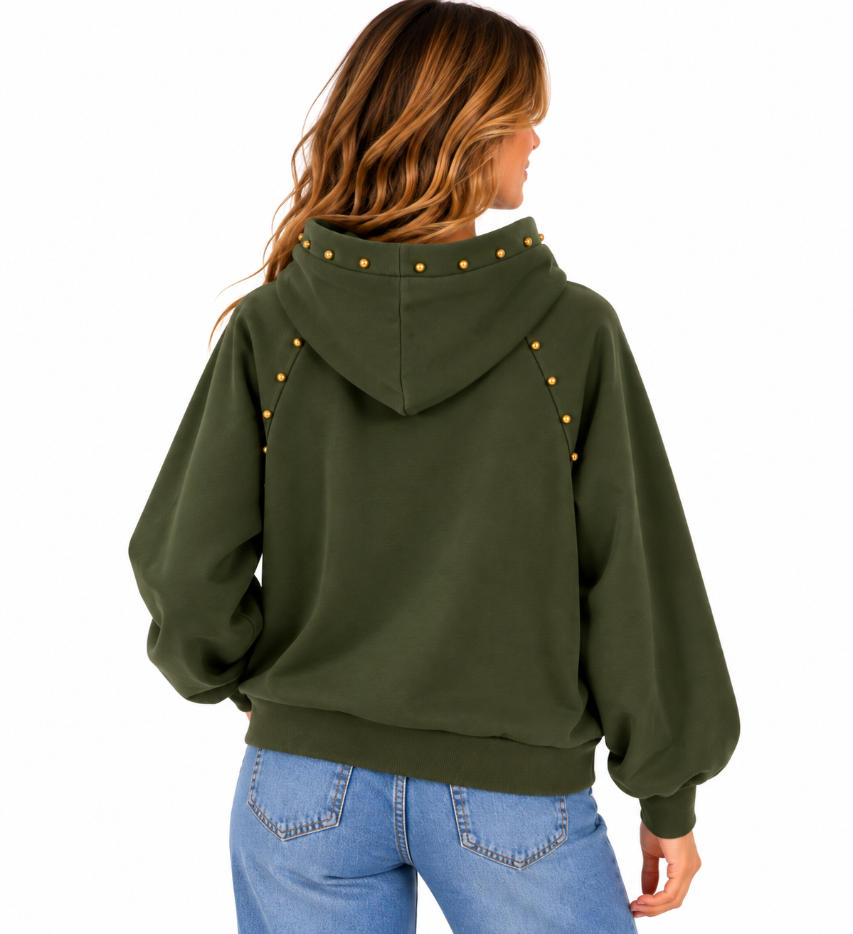 Sudadera de mujer verde militar con capucha y tachuelas doradas