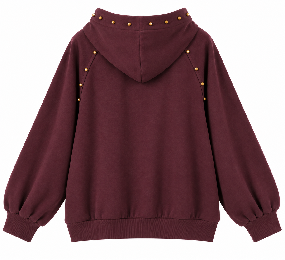Sudadera de mujer color borgoña con capucha y tachuelas doradas