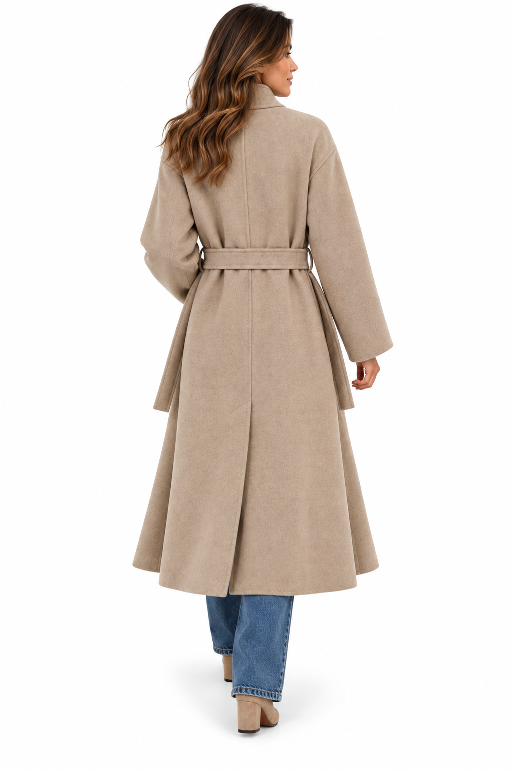Abrigo largo de paño para mujer en beige con doble botonadura y cinturón