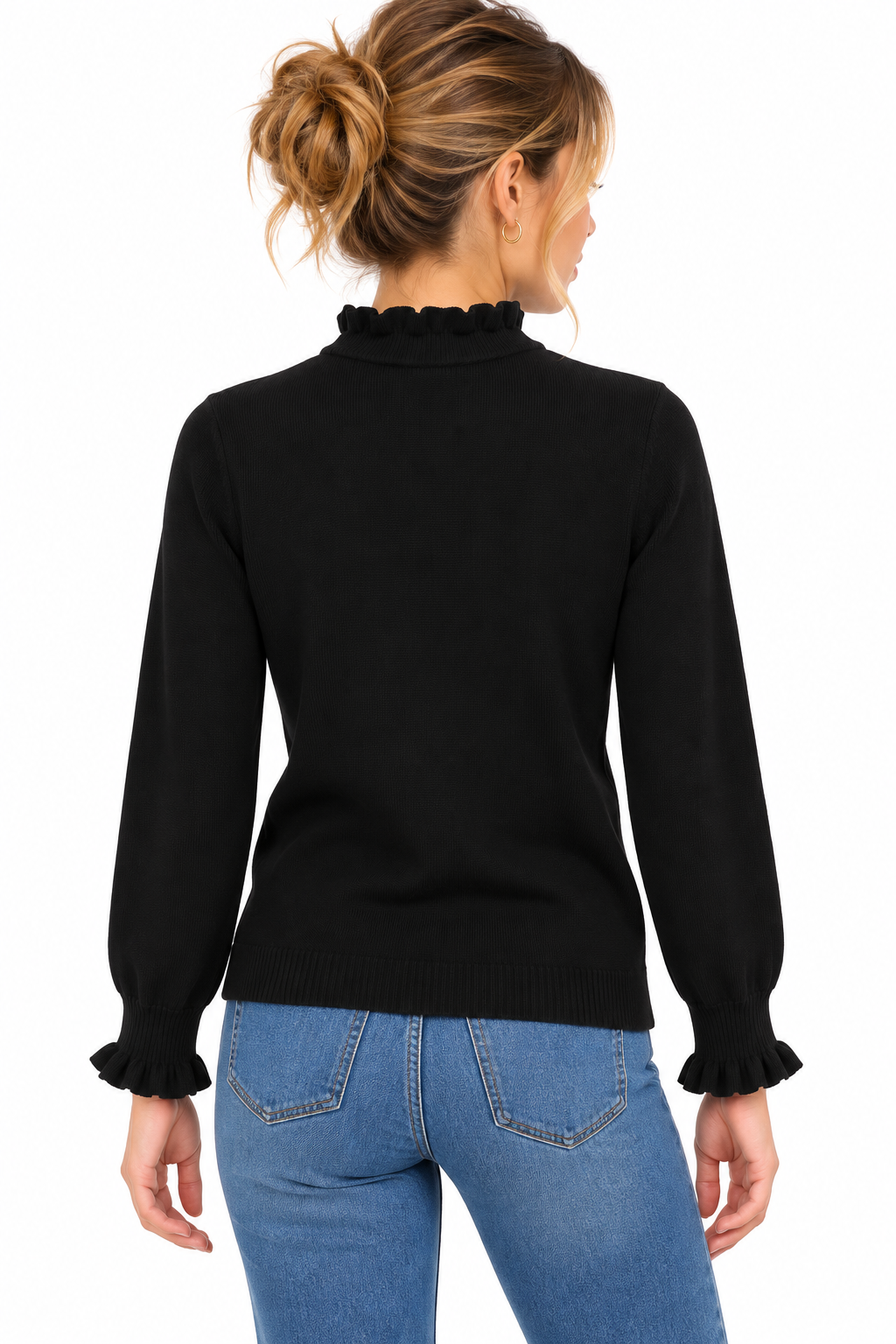Jersey negro de mujer con volantes en cuello y puños