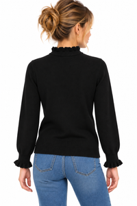 Jersey negro de mujer con volantes en cuello y puños