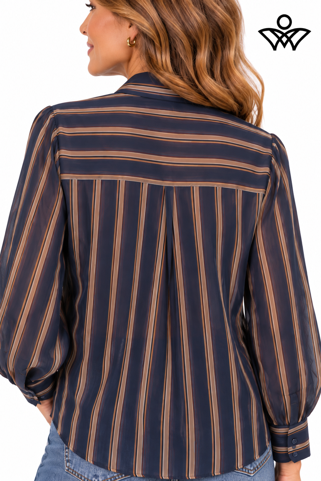 Camisa de gasa azul marino y beige de mujer con rayas y lazo