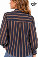 Camisa de gasa azul marino y beige de mujer con rayas y lazo