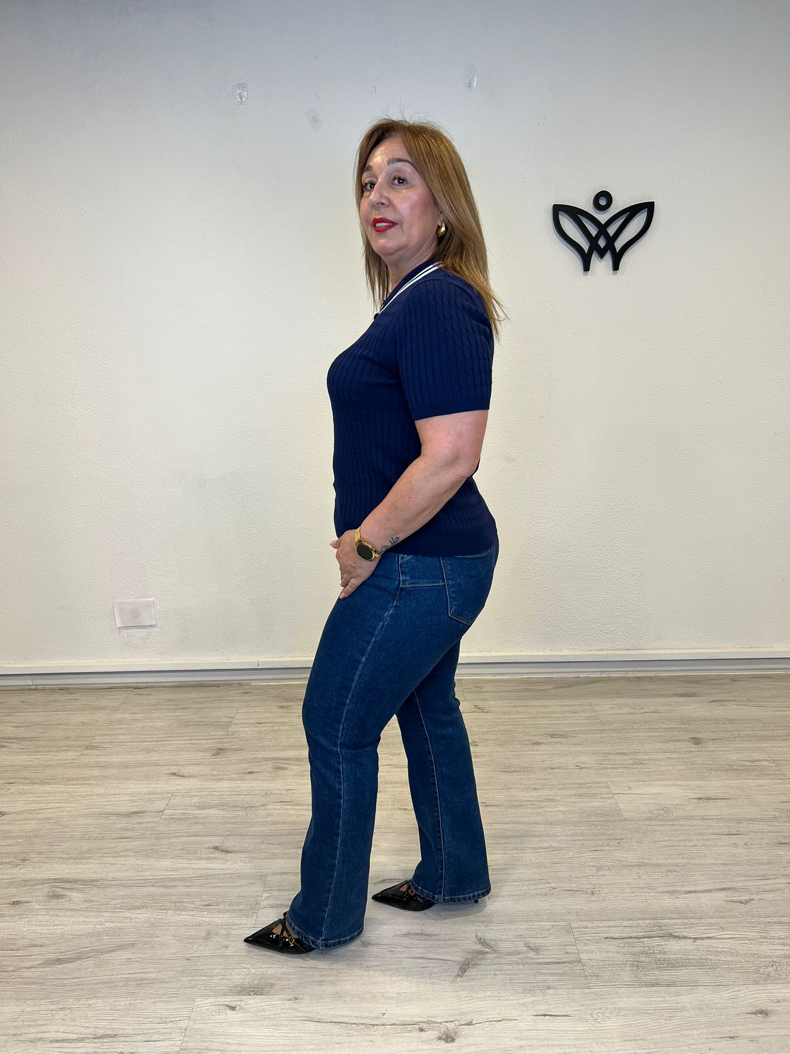 Jersey de punto fino azul marino tipo camisero
