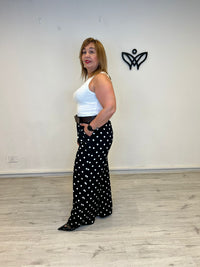 Pantalón palazzo negro con lunares blancos satinado