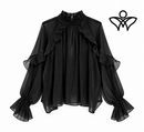 Camisa de gasa negra con volantes y manga larga