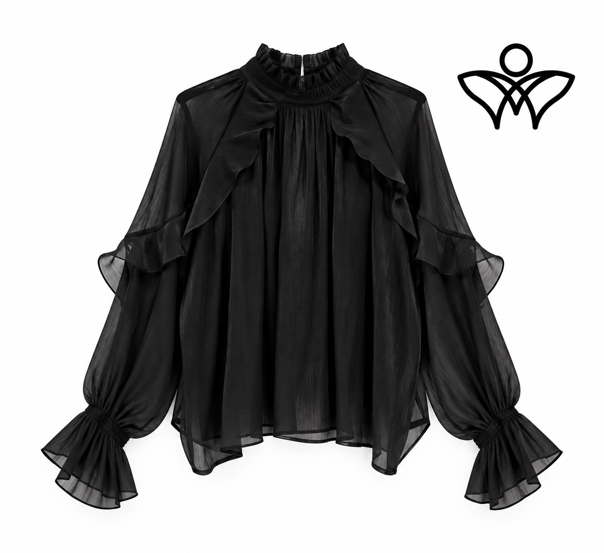 Camisa de gasa negra con volantes y manga larga