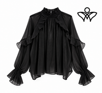 Camisa de gasa negra con volantes y manga larga