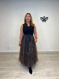 Falda midi de tul estampado animal print con lazo negro