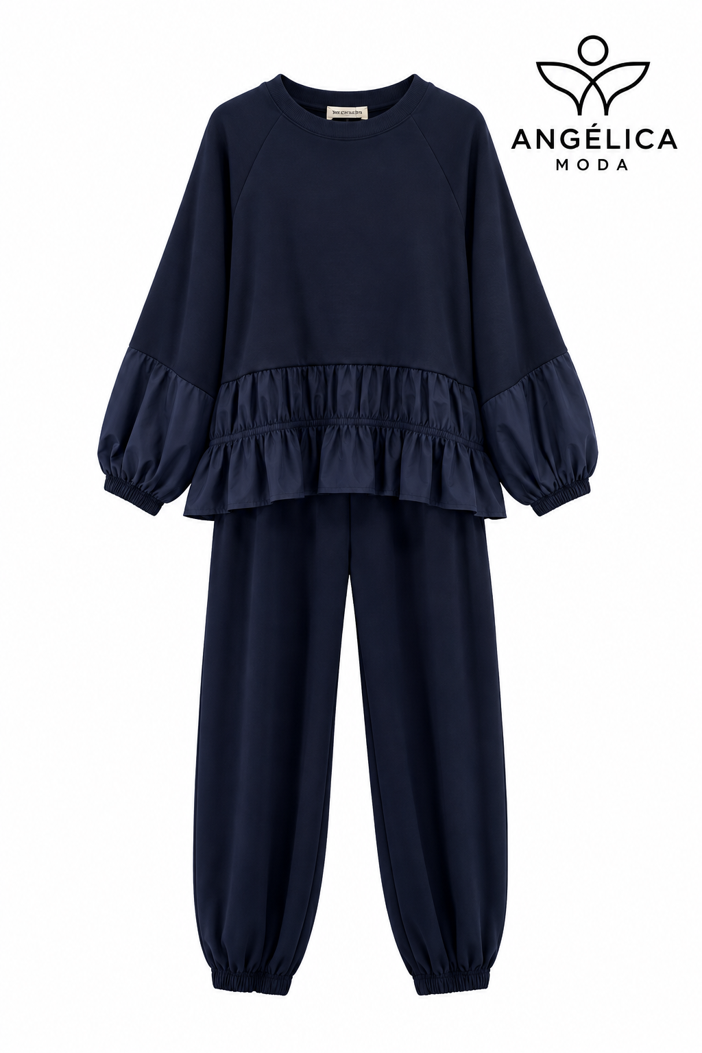 Conjunto de mujer azul marino de algodón con sudadera de volante y pantalón jogger