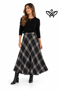 Falda midi de cuadros negros y beige de lana con bolsillos