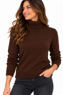 Jersey de punto marrón chocolate para mujer con cuello alto vuelto