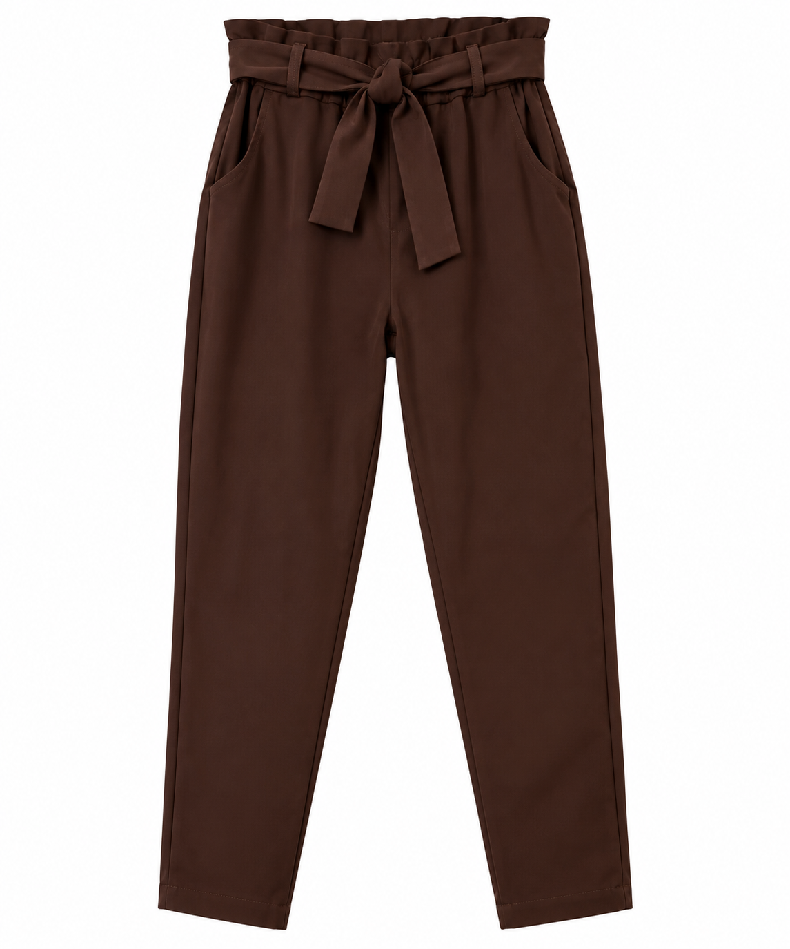 Pantalón pitillo marrón chocolate de mujer con cintura elástica y cinturón de lazo